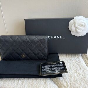 Chanel Black Classic Caviar Quilted Long Yen Wallet Gold Hardware